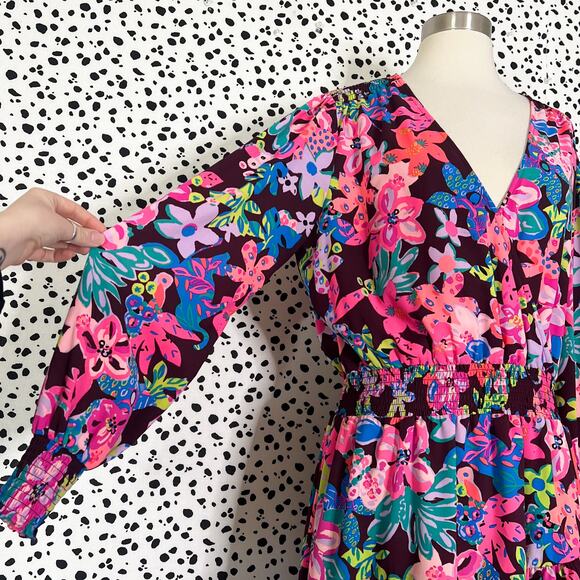 Lilly Pulitzer | Cristiana Pink Brown Floral Ruffle Plus Size Mini Dress 16 - Picture 4 of 11